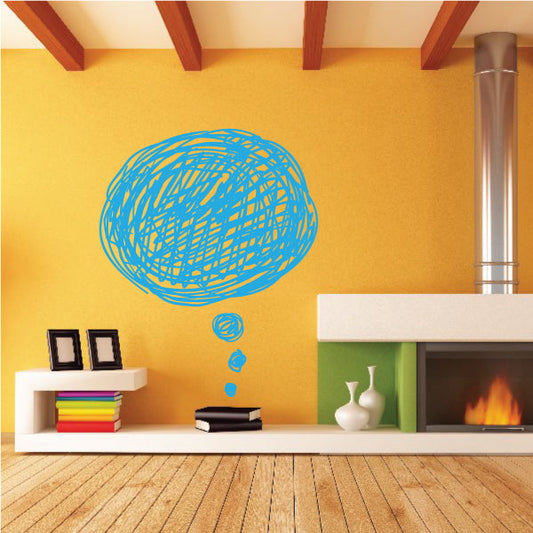 Blue scribble thought bubble sticker in a circular outline