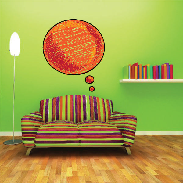Red scribble circular thought bubble sticker with small red dot accents