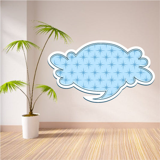Blue cloud speech bubble sticker with starburst pattern and white outline