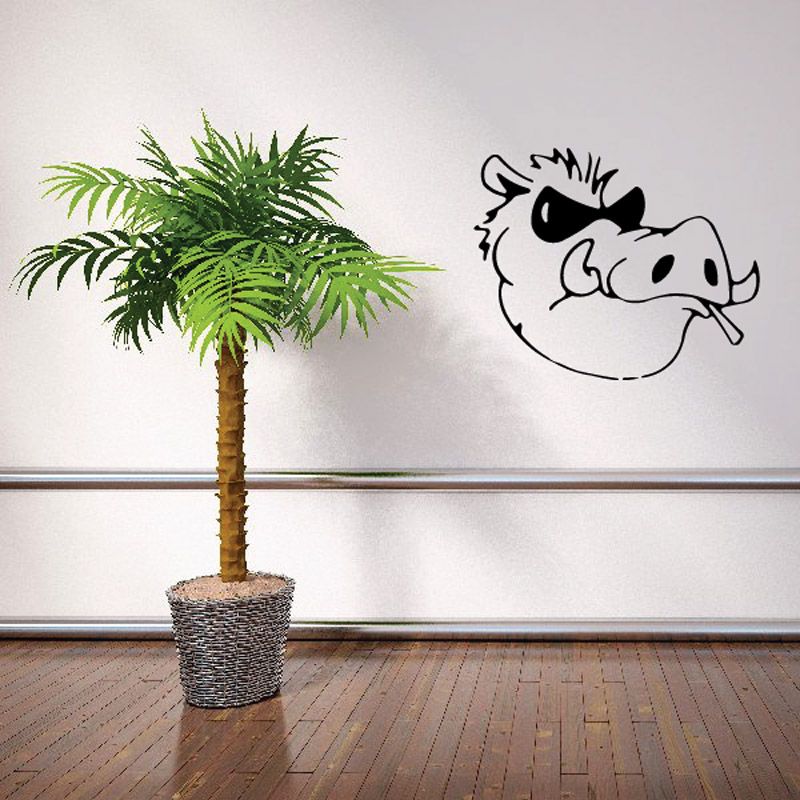 Warthog wall decal with black outline and white face, smiling cartoon design