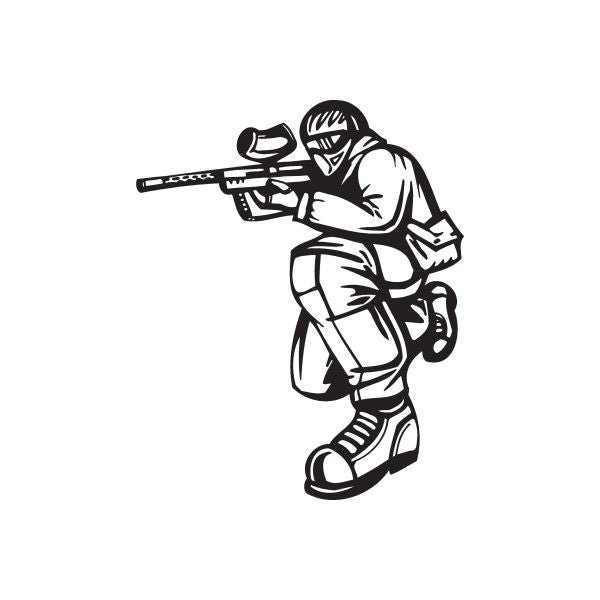 Paintball player decal, crouching kneel pose holding marker gun, black outline