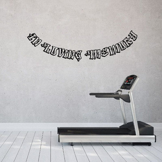 Vinyl wall decal with black memorial-style lettering across curved banner