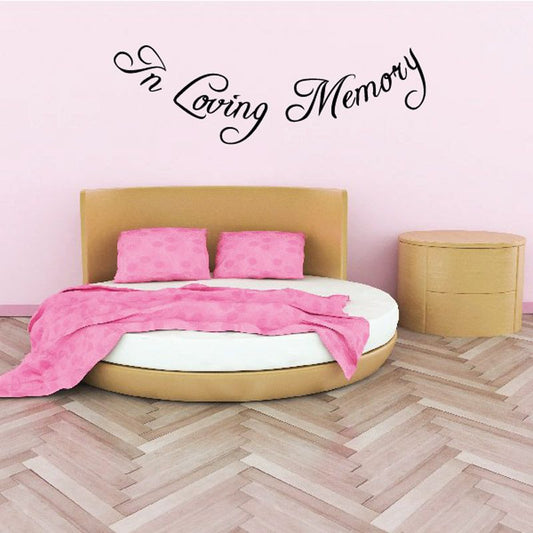 Caring Memory wall decal with ornate scroll text and small heart flourish