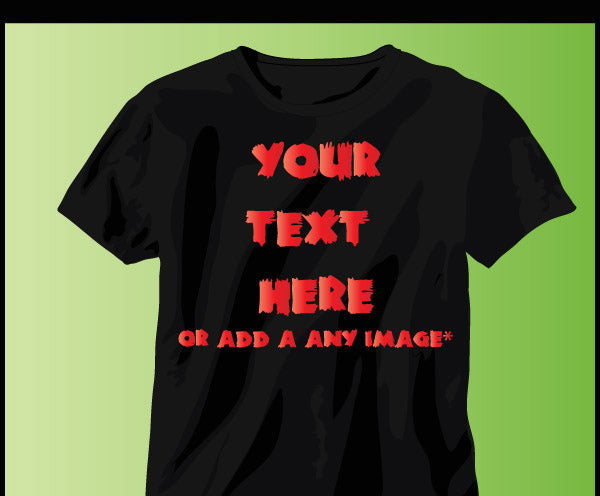 Customizable iron-on lettering decal showcased on a black t-shirt with placeholder text 'Your Text Here' indicating personalization options