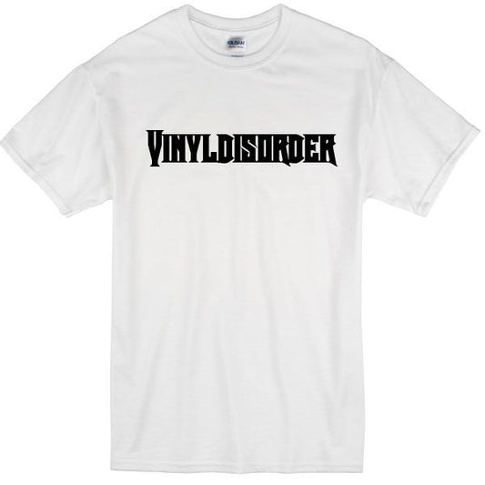 White short-sleeve T-shirt with black iron-on lettering logo