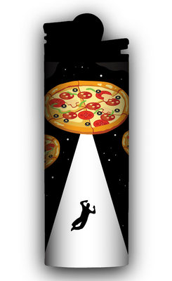 Decorative sticker wrap for a lighter featuring a unique design of a UFO pizza