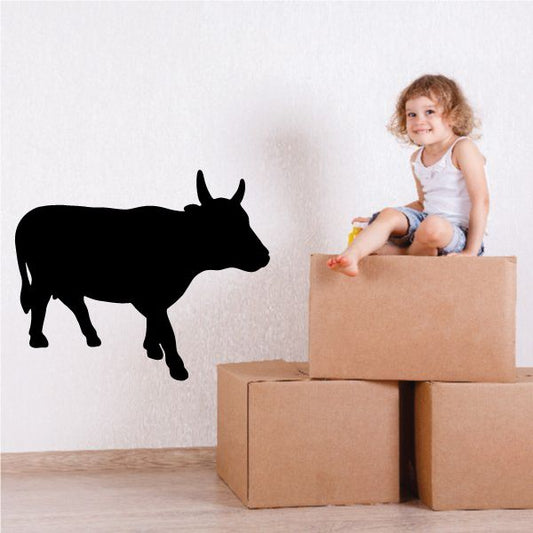 Black walking cattle wall decal with long horns silhouette