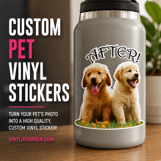 Vinyl pet sticker with two dogs and the word "AFTER" in stylized lettering