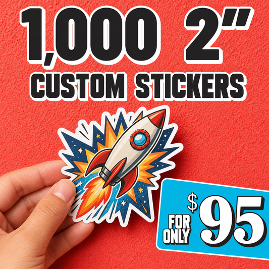 Custom vinyl sticker with rocket graphic and blue promotional price label