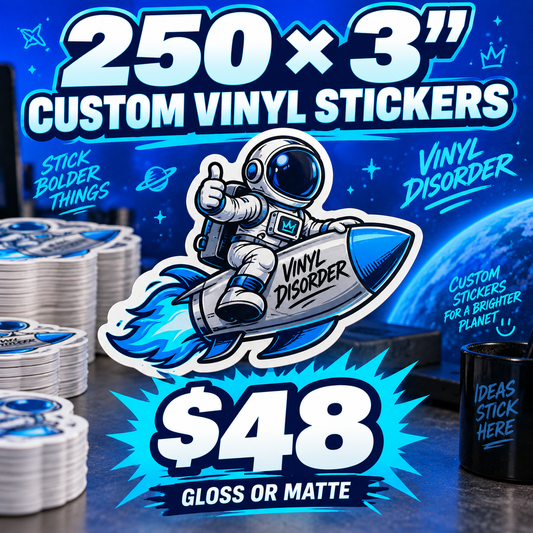 Vinyl sticker with space astronaut on rocket, blue gloss/matte, $48 badge