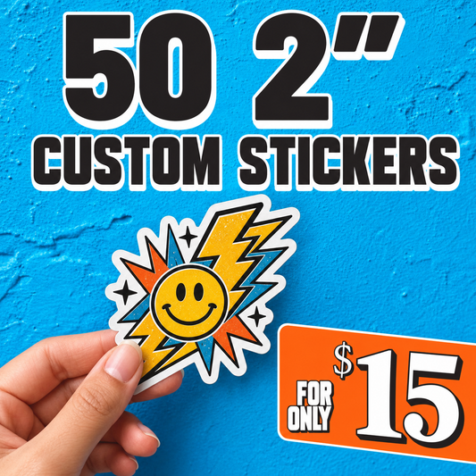 2-inch custom vinyl sticker, smiling sun with lightning and starburst design