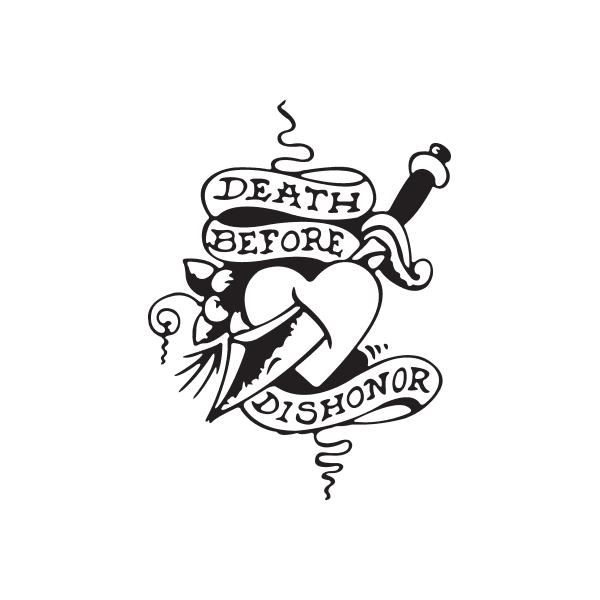 Death Before Dishonor decal graphic, black skull with heart and sword on white background.