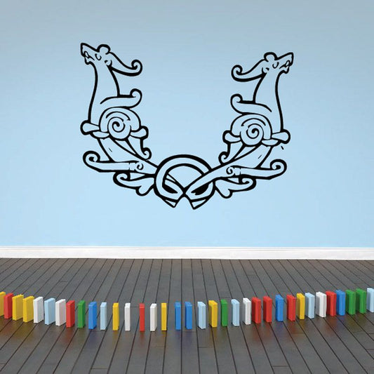 Horned animal decorative decal in black line art with circular center