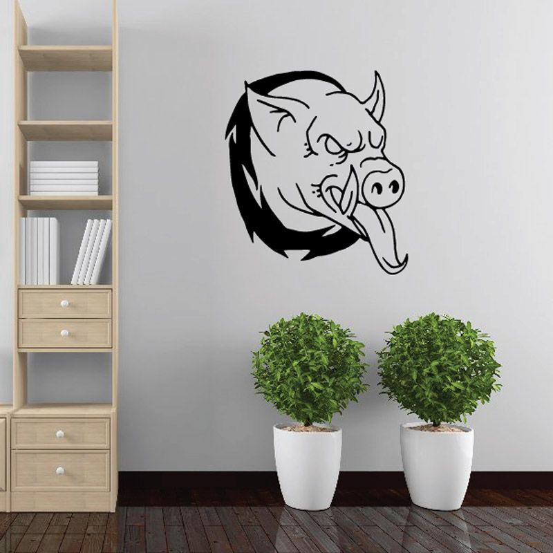Black demon warthog head wall decal with cartoon snout and tusks