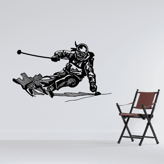 Carving skier decal, black line art of skier carving with pole