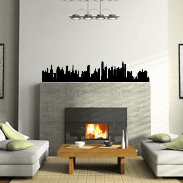 Black city skyline wall decal silhouette with varied building heights