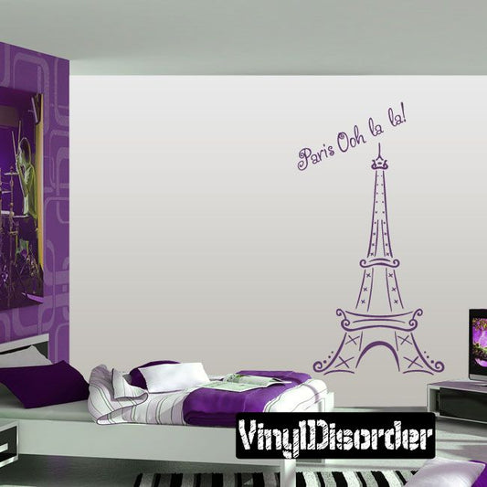 Eiffel Tower wall decal with purple 'Paris Oh la la!' lettering
