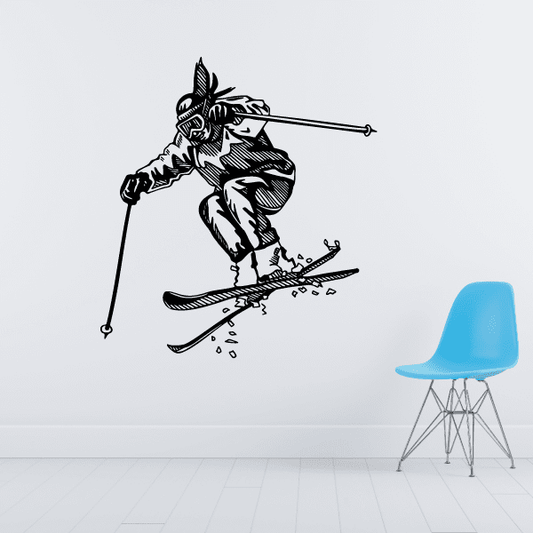 Detailed black female skier decal sticker with skiing pose and helmet