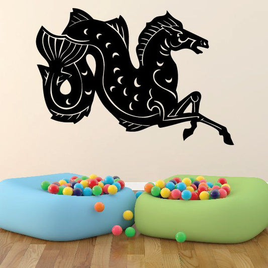 Hippocampus decal with ornate black silhouette and curling fins
