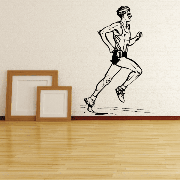 Male runner wall decal, black running pose with detailed line art