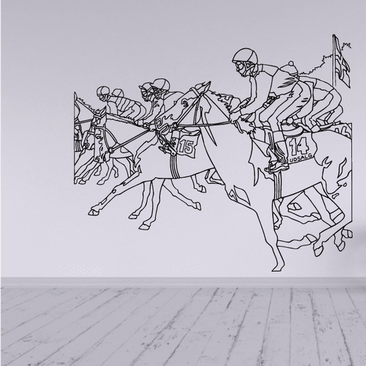 Horse race start wall decal with jockeys and horses in black line art