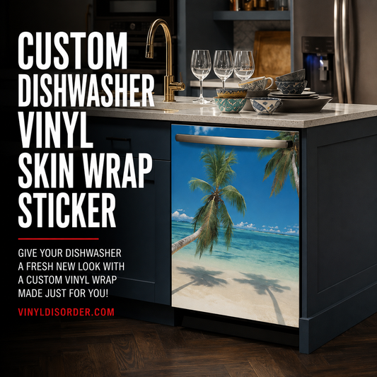 Dishwasher vinyl wrap sticker with tropical palm beach artwork
