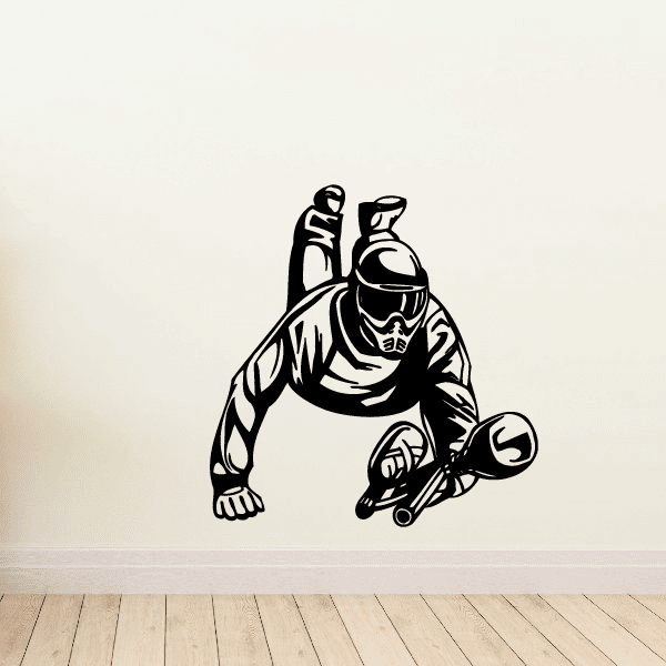 Diving paintball player decal, black graphic of armored diver holding paintball marker