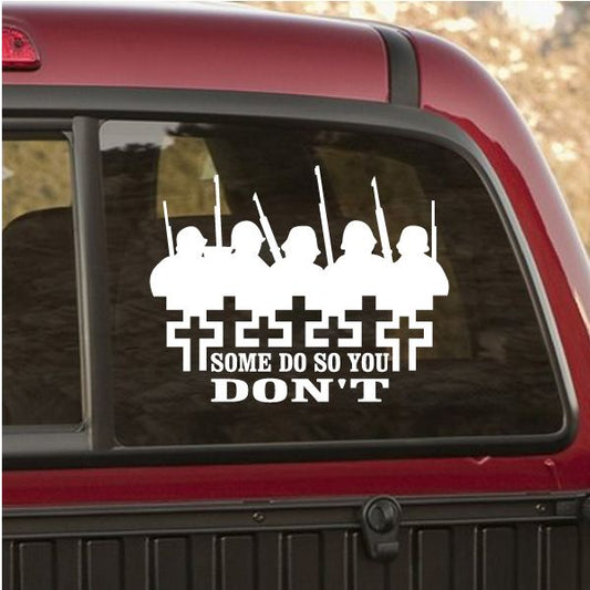 Car window vinyl decal featuring silhouettes of instruments and the word DON'T
