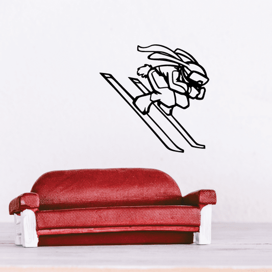 Downhill skier bunny decal, black outline bunny skiing with pole and skis