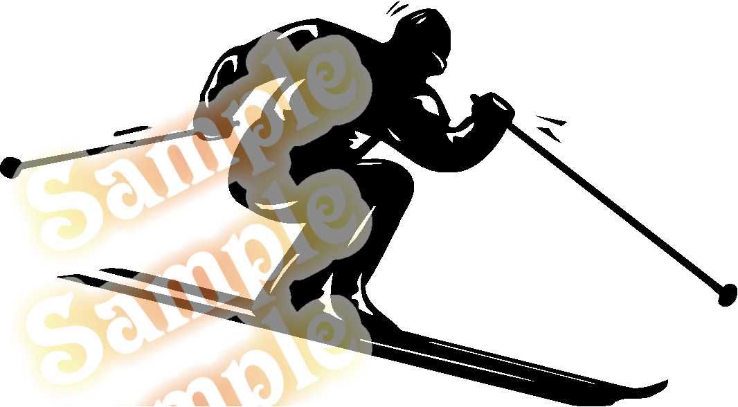 Downhill slalom skier decal with black silhouette holding poles and racing skis