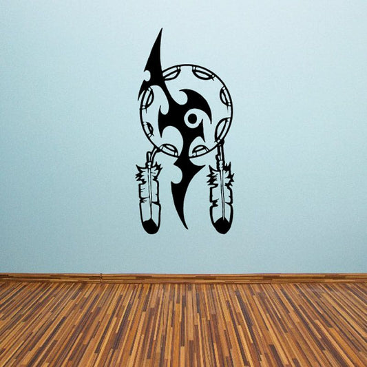 Black dreamcatcher wall decal with tribal circle and hanging feather shapes