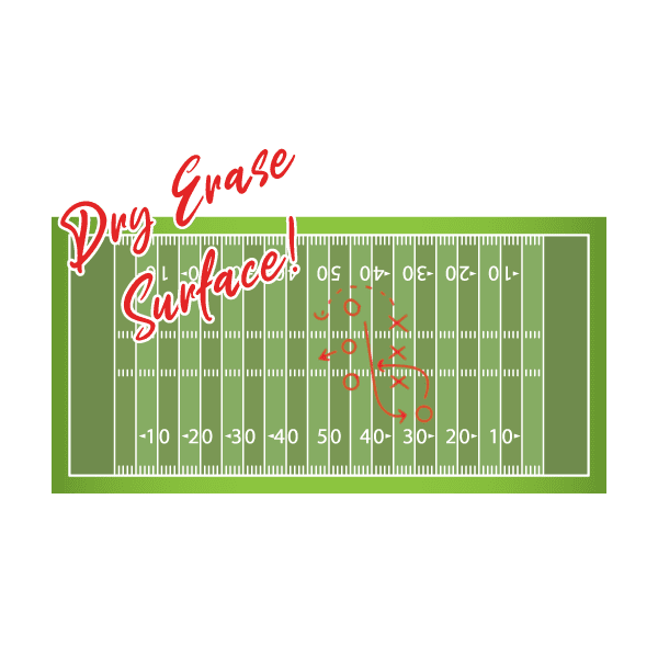 Green football field dry erase sticker with yard lines, numbers, and red target marks