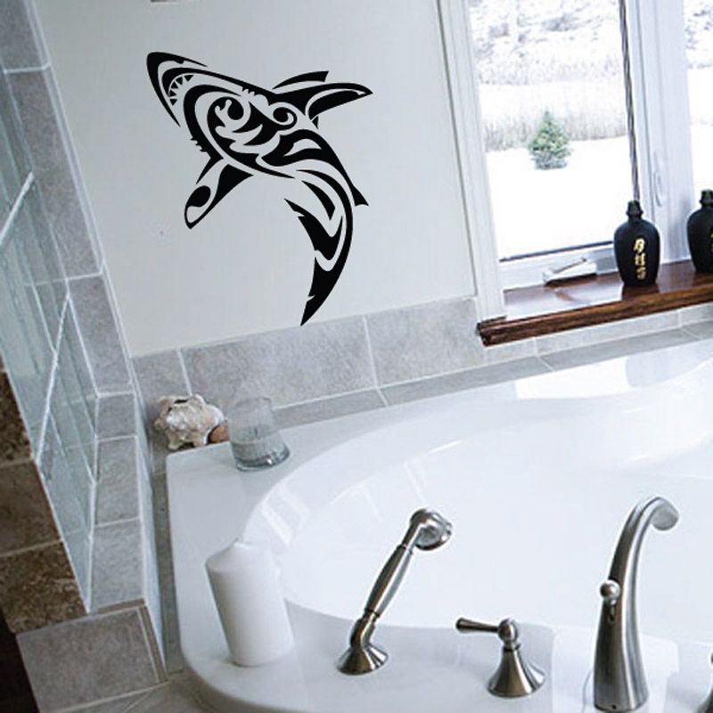 Tribal shark wall decal, black tribal-style silhouette with curved fins