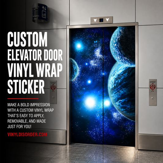 Vinyl elevator door wrap sticker with dark blue galaxy and planet graphic