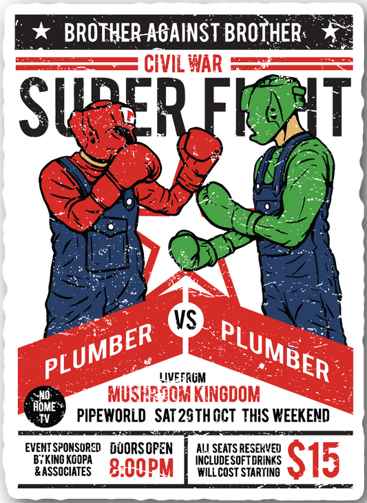 Vinyl sticker with two cartoon plumbers fist-fighting and bold text: SIDE WITH PLUMBER