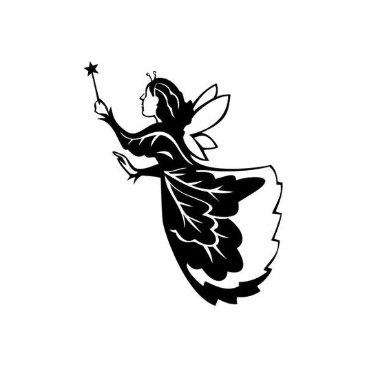 Black fairy silhouette vinyl car window decal with wand and winged design