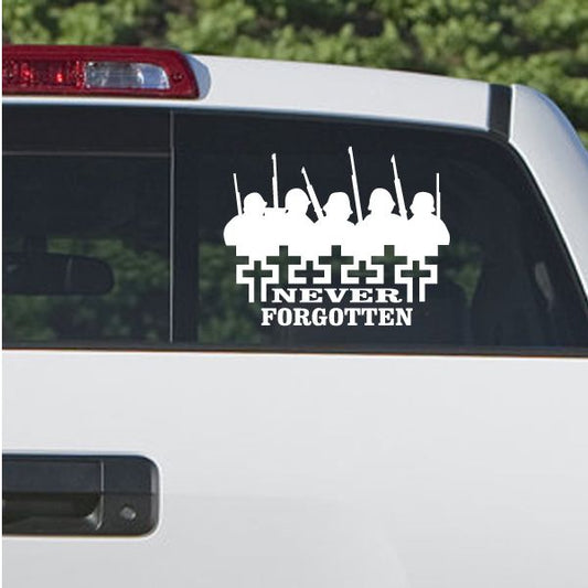 Memorial car window decal with soldier silhouettes, crosses, and 'Never Forgotten' in white