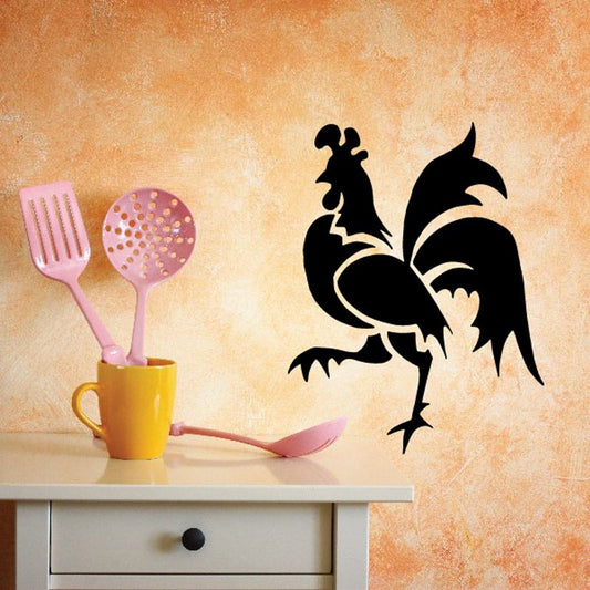 Rooster decal silhouette with flowing tail feathers, black farm-style wall sticker