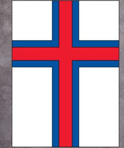 Faroe Islands flag sticker with blue Nordic cross outlined in red on white background