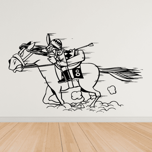 Racing horse and jockey decal, black-and-white line art with harness and reins