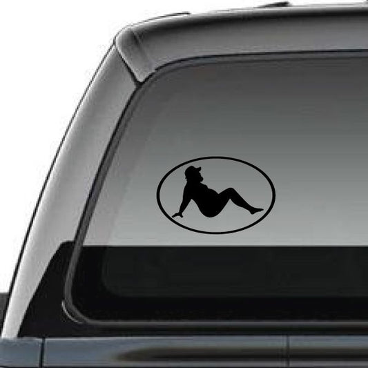 Vinyl decal sticker with black reclining man silhouette inside oval