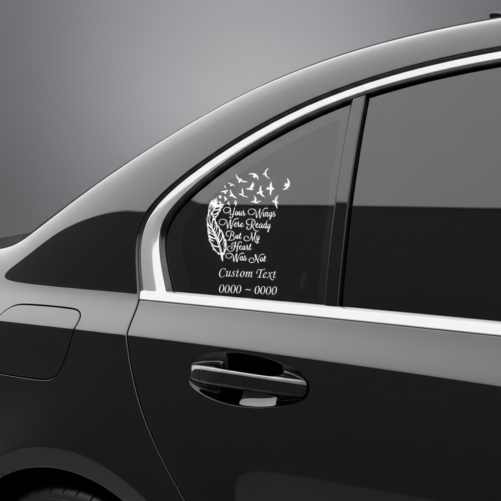 A custom in loving memory car decal featuring feather and bird elements on the rear window of a vehicle.