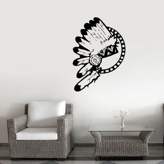 Feather headdress decal with circular feather design, black and white