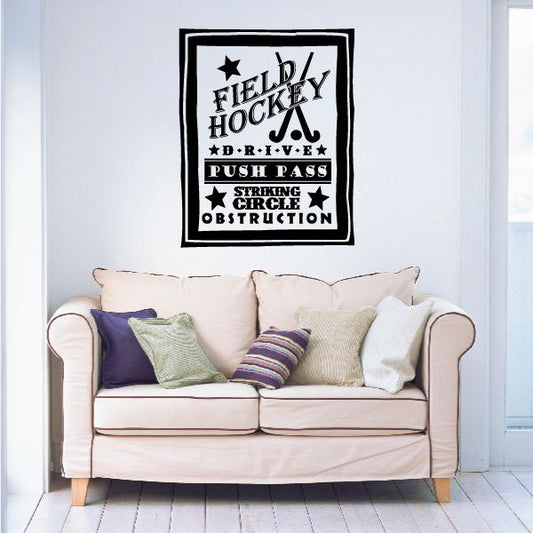Field hockey word collage wall decal with black border, white text and icons