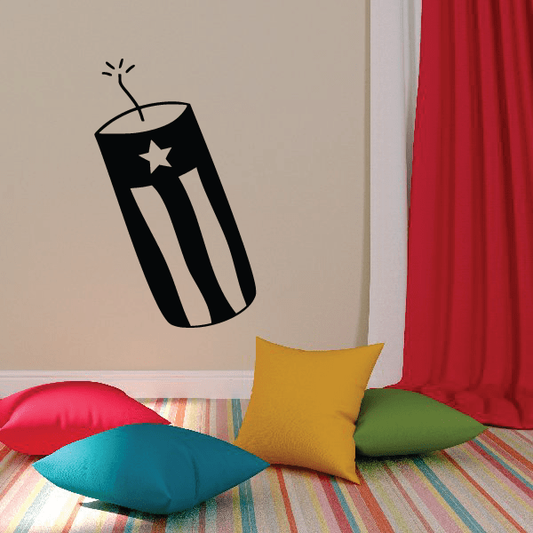 Firework bottle decal with black and white striped body and star tip