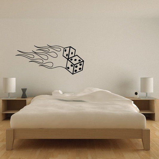 Flaming dice wall decal, two dice with flame trail graphic