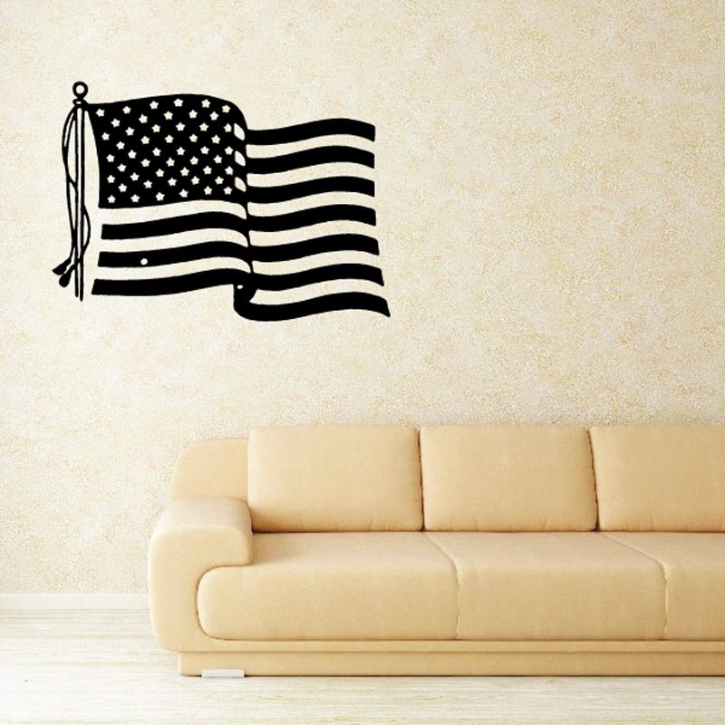 Flapping American flag wall decal with stars, stripes, and tassel