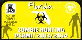 Zombie hunting permit sticker with biohazard icon and Florida text, yellow-green design