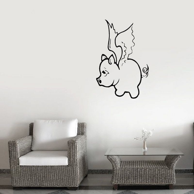 Flying pig wall decal with simple outline illustration