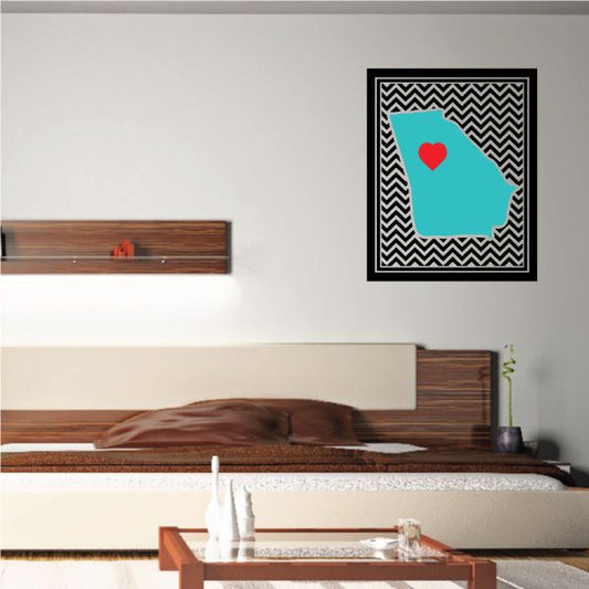 Chevron border wall sticker with teal shape and red heart accent